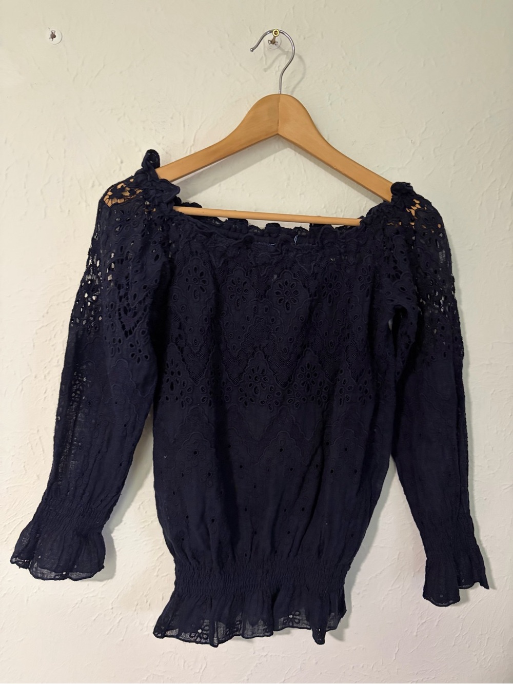 Temptation Positano Navy Eyelet Off-Shoulder Blouse Size Small
